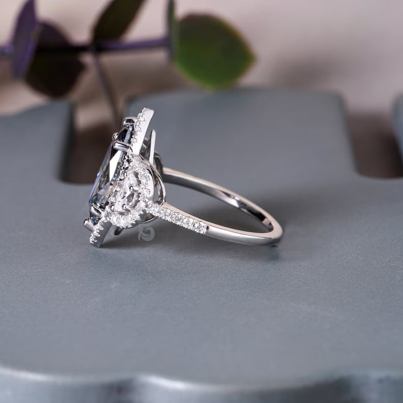 3.5TW Marquise Dark Gray Moissanite Three Stone Ring, 14K White Gold