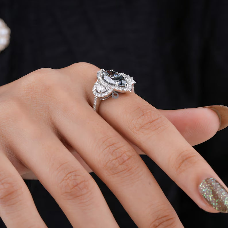 3.5TW Marquise Dark Gray Moissanite Three Stone Ring, 14K White Gold