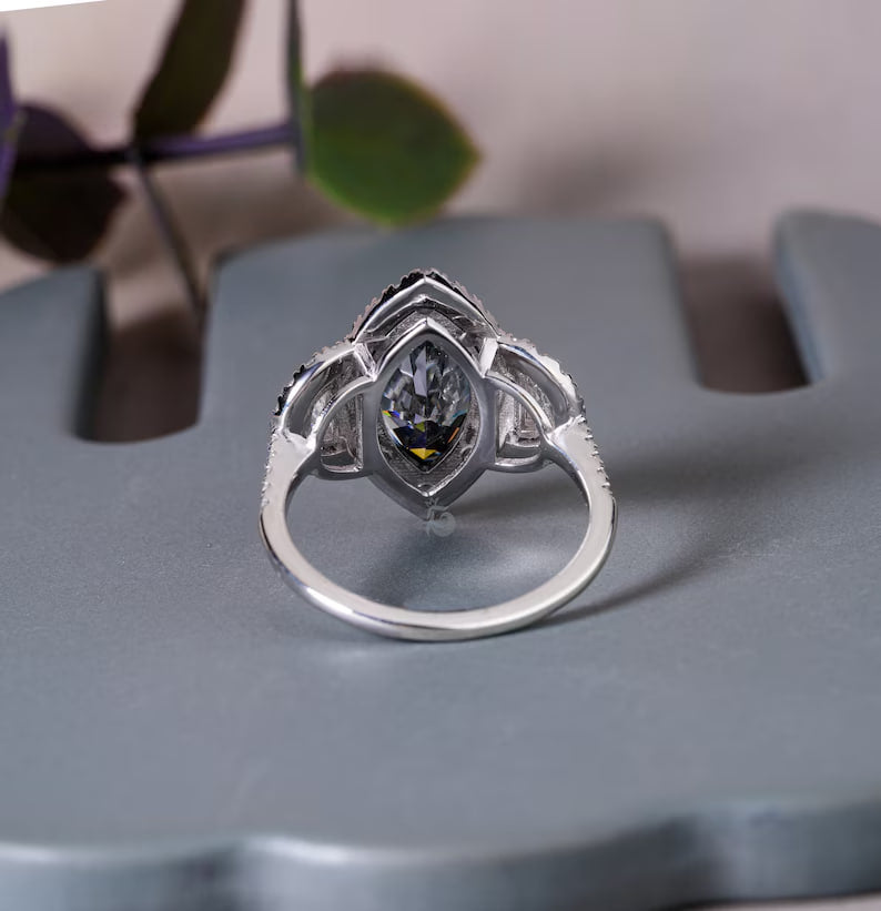 3.5TW Marquise Dark Gray Moissanite Three Stone Ring, 14K White Gold