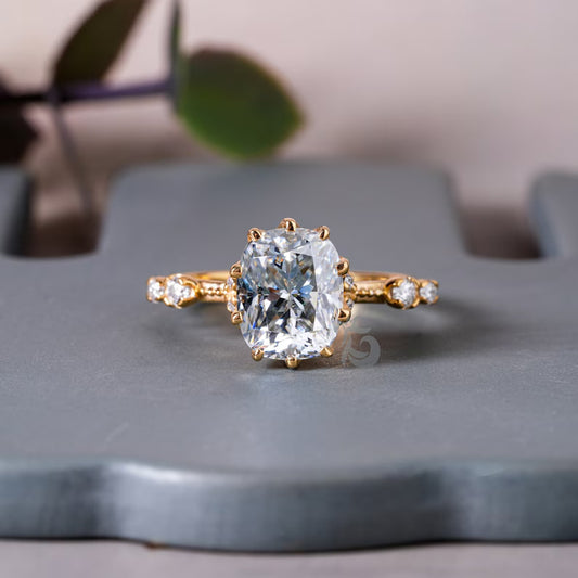 Antique Cushion Cut Gray Moissanite Engagement Ring, 14K Yellow Gold