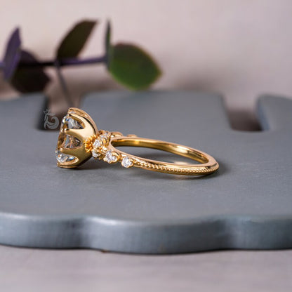 Antique Cushion Cut Gray Moissanite Engagement Ring, 14K Yellow Gold