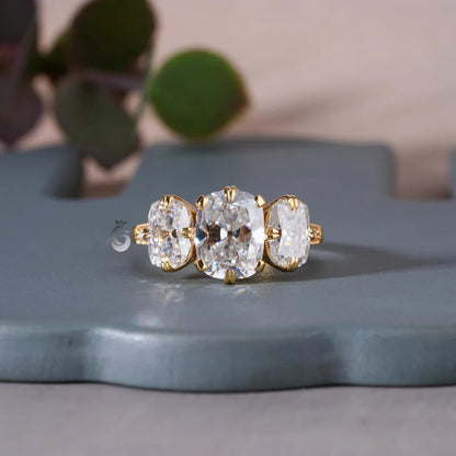 Old Mine Cushion Moissanite Three Stone Ring, 18K Yellow Gold, Double Claw Prong