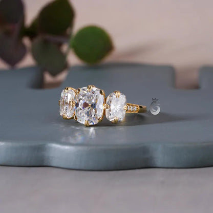 Old Mine Cushion Moissanite Three Stone Ring, 18K Yellow Gold, Double Claw Prong