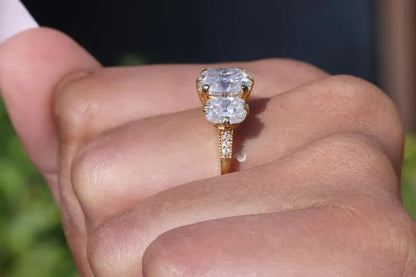 Old Mine Cushion Moissanite Three Stone Ring, 18K Yellow Gold, Double Claw Prong