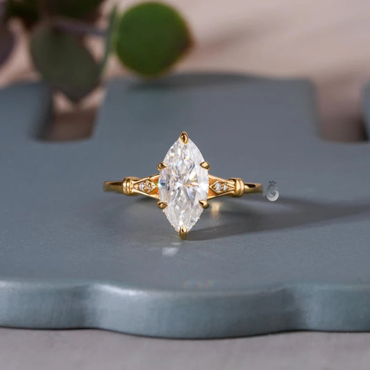 1.4CT Marquise Moissanite Ring, Hidden Halo, 14K Yellow Gold