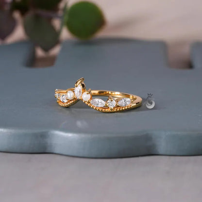 Art Deco Moissanite Curved Wedding Band, Pearl Stacking Tiara Ring, Solid Gold