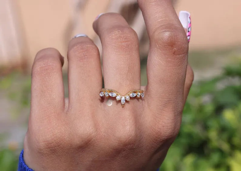 Art Deco Moissanite Curved Wedding Band, Pearl Stacking Tiara Ring, Solid Gold