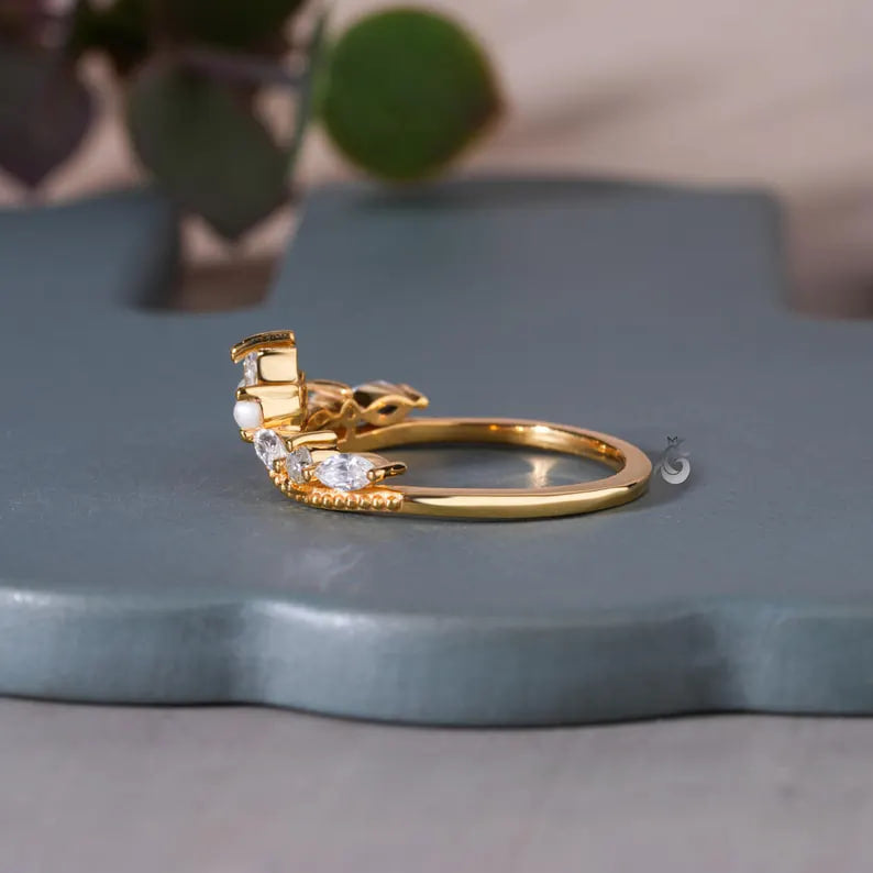 Art Deco Moissanite Curved Wedding Band, Pearl Stacking Tiara Ring, Solid Gold