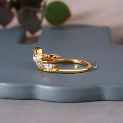 Art Deco Moissanite Curved Wedding Band, Pearl Stacking Tiara Ring, Solid Gold