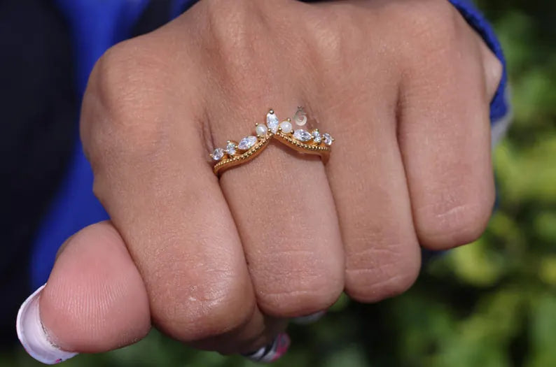 Art Deco Moissanite Curved Wedding Band, Pearl Stacking Tiara Ring, Solid Gold