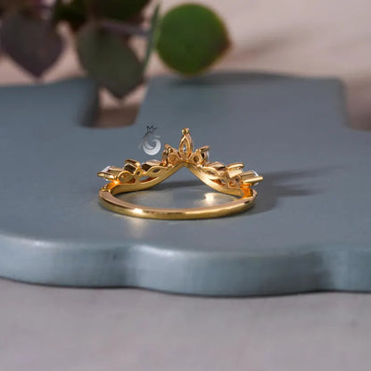 Art Deco Moissanite Curved Wedding Band, Pearl Stacking Tiara Ring, Solid Gold