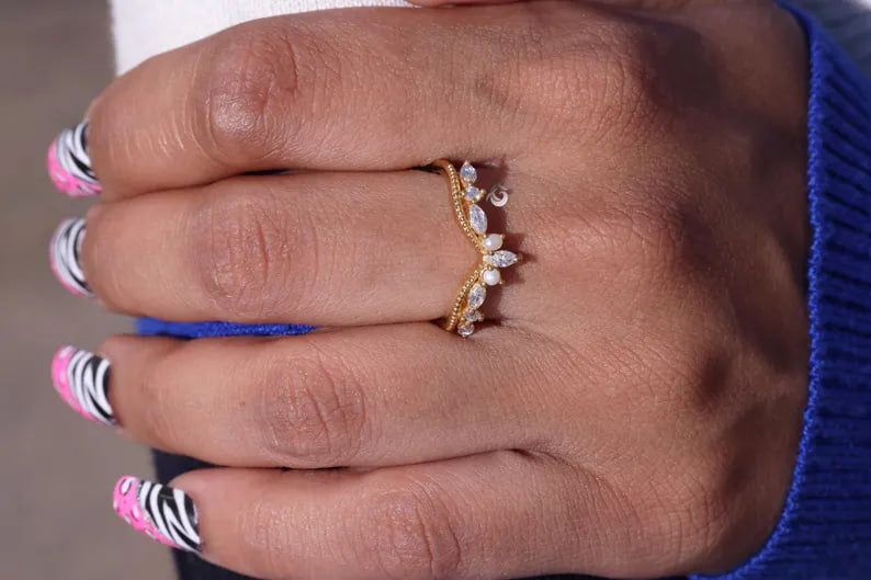 Art Deco Moissanite Curved Wedding Band, Pearl Stacking Tiara Ring, Solid Gold