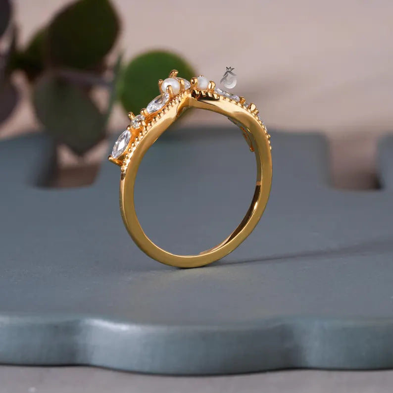 Art Deco Moissanite Curved Wedding Band, Pearl Stacking Tiara Ring, Solid Gold