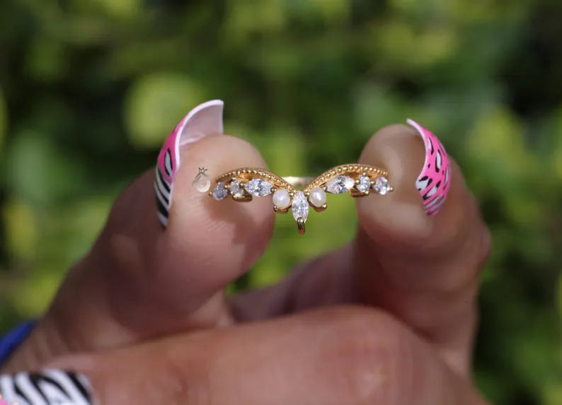 Art Deco Moissanite Curved Wedding Band, Pearl Stacking Tiara Ring, Solid Gold