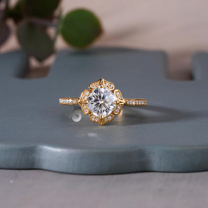 Art Deco 6.5MM Cushion Moissanite Halo Ring, Floral Design, 14K Yellow Gold