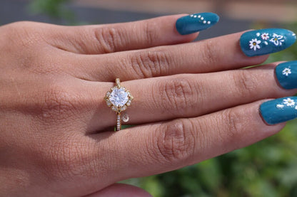 Art Deco 6.5MM Cushion Moissanite Halo Ring, Floral Design, 14K Yellow Gold