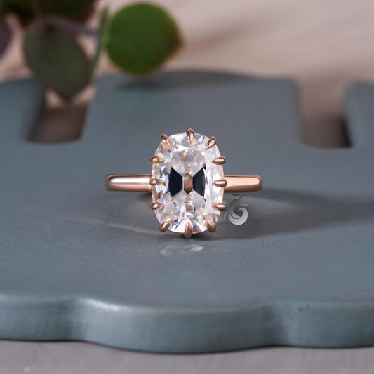 6.4CT Elongated Old Mine Cushion Moissanite Ring, Claw Prong, Rose Gold