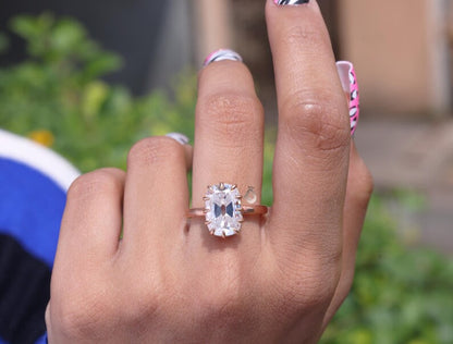 6.4CT Elongated Old Mine Cushion Moissanite Ring, Claw Prong, Rose Gold