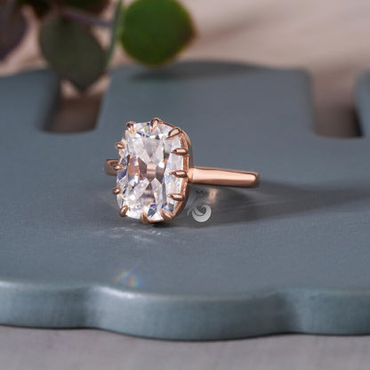 6.4CT Elongated Old Mine Cushion Moissanite Ring, Claw Prong, Rose Gold