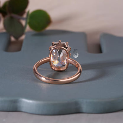 6.4CT Elongated Old Mine Cushion Moissanite Ring, Claw Prong, Rose Gold