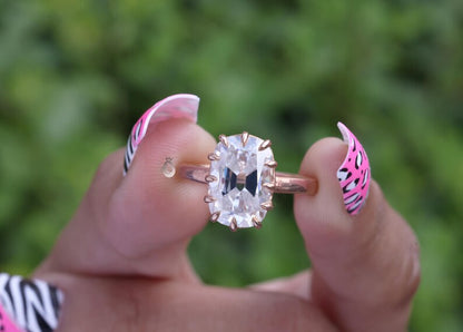 6.4CT Elongated Old Mine Cushion Moissanite Ring, Claw Prong, Rose Gold