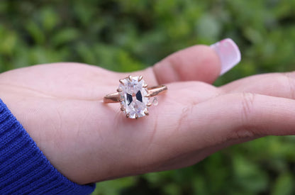 6.4CT Elongated Old Mine Cushion Moissanite Ring, Claw Prong, Rose Gold