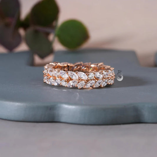 Double Row Marquise Moissanite Eternity Band, 14K Rose Gold Stacking Ring
