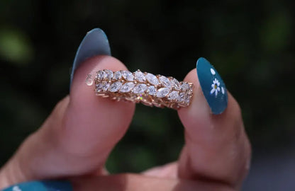 Double Row Marquise Moissanite Eternity Band, 14K Rose Gold Stacking Ring