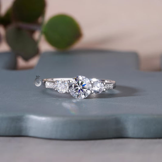 1.10CT Round Moissanite Three-Stone Ring, Side Stones, 14K White Gold