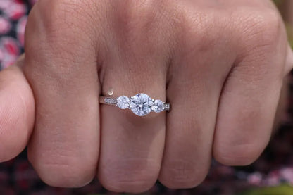 1.10CT Round Moissanite Three-Stone Ring, Side Stones, 14K White Gold