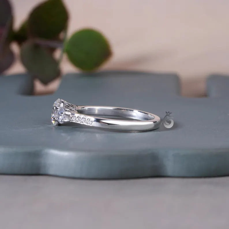 1.10CT Round Moissanite Three-Stone Ring, Side Stones, 14K White Gold