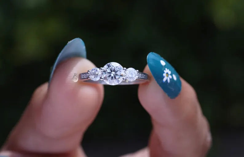 1.10CT Round Moissanite Three-Stone Ring, Side Stones, 14K White Gold