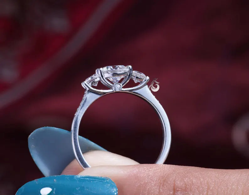 1.10CT Round Moissanite Three-Stone Ring, Side Stones, 14K White Gold