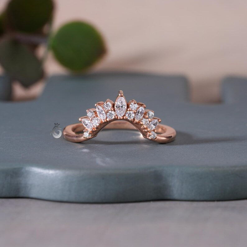 Vintage Marquise Moissanite Curved Wedding Band, 14K Rose Gold Stacking Ring