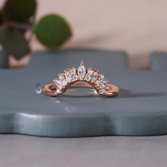 Vintage Marquise Moissanite Curved Wedding Band, 14K Rose Gold Stacking Ring