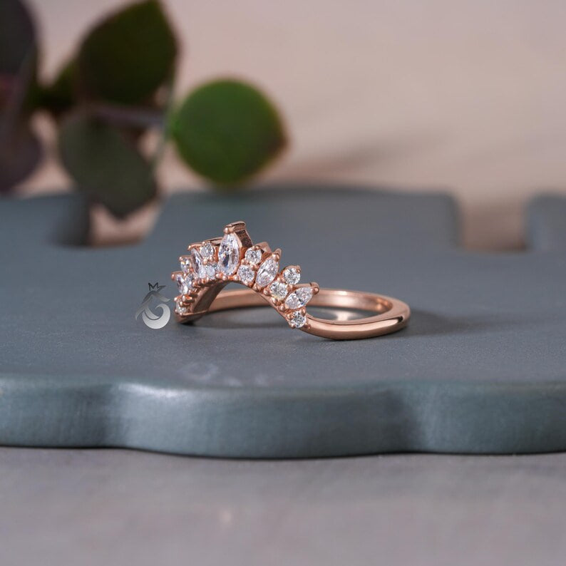 Vintage Marquise Moissanite Curved Wedding Band, 14K Rose Gold Stacking Ring