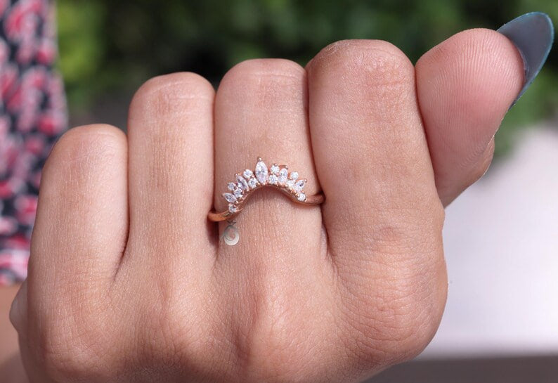 Vintage Marquise Moissanite Curved Wedding Band, 14K Rose Gold Stacking Ring
