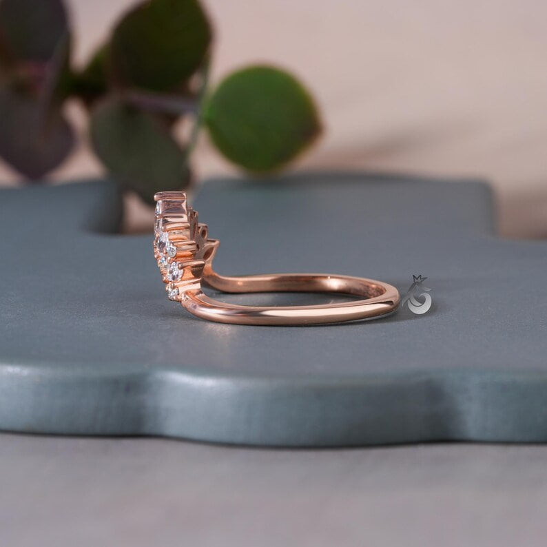 Vintage Marquise Moissanite Curved Wedding Band, 14K Rose Gold Stacking Ring