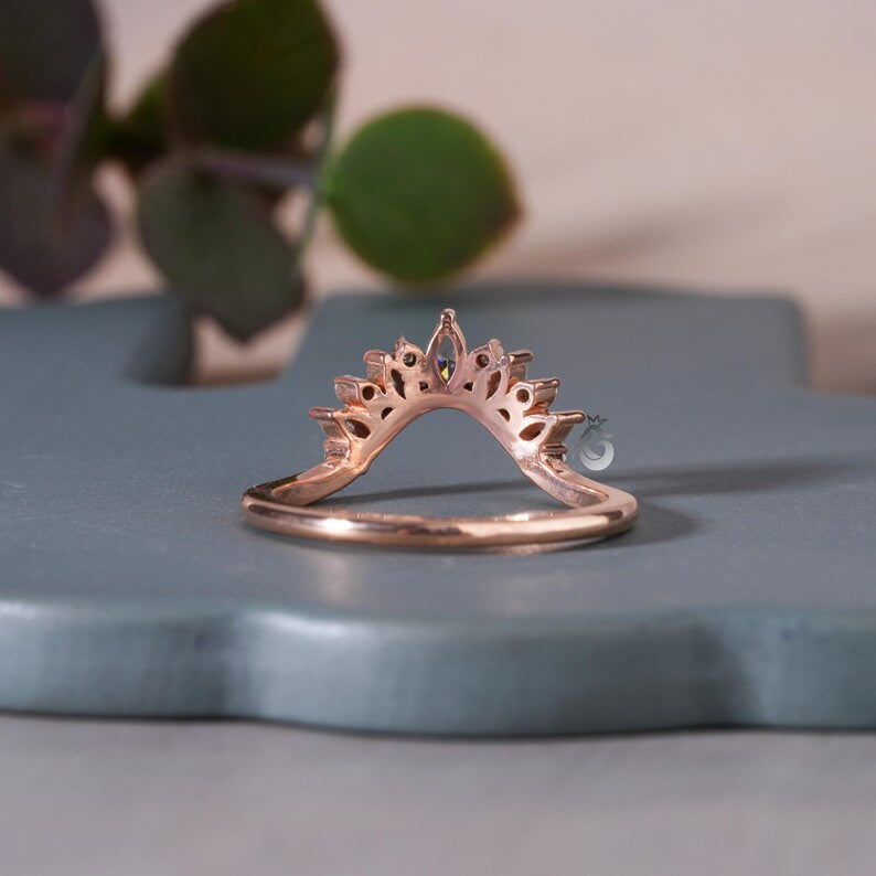 Vintage Marquise Moissanite Curved Wedding Band, 14K Rose Gold Stacking Ring