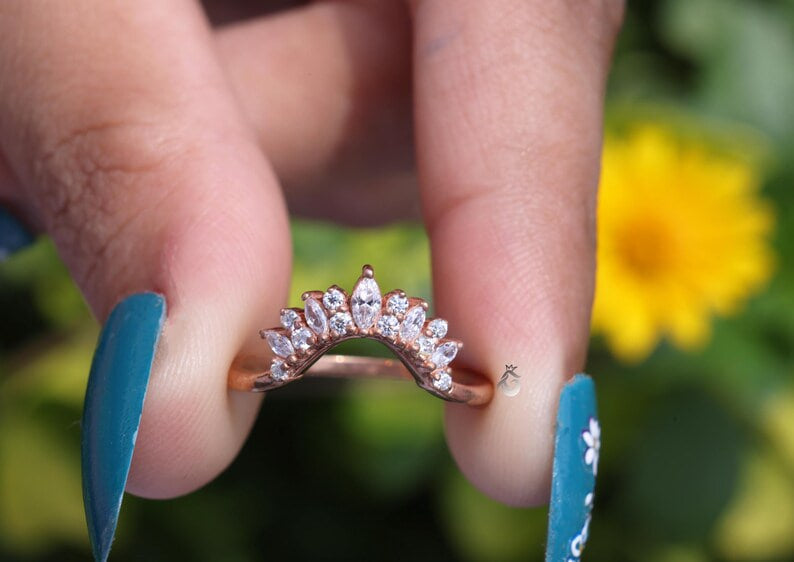 Vintage Marquise Moissanite Curved Wedding Band, 14K Rose Gold Stacking Ring