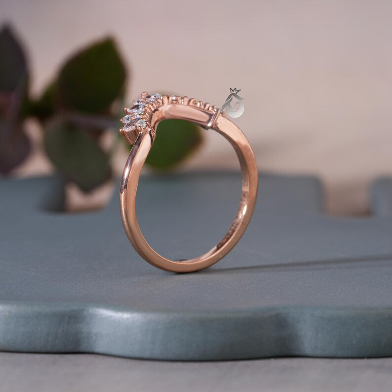 Vintage Marquise Moissanite Curved Wedding Band, 14K Rose Gold Stacking Ring
