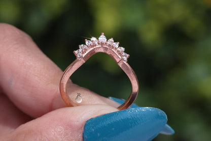 Vintage Marquise Moissanite Curved Wedding Band, 14K Rose Gold Stacking Ring