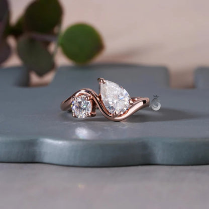 Toi Et Moi Pear & Round Moissanite Ring, 14K Rose Gold Two-Stone Band