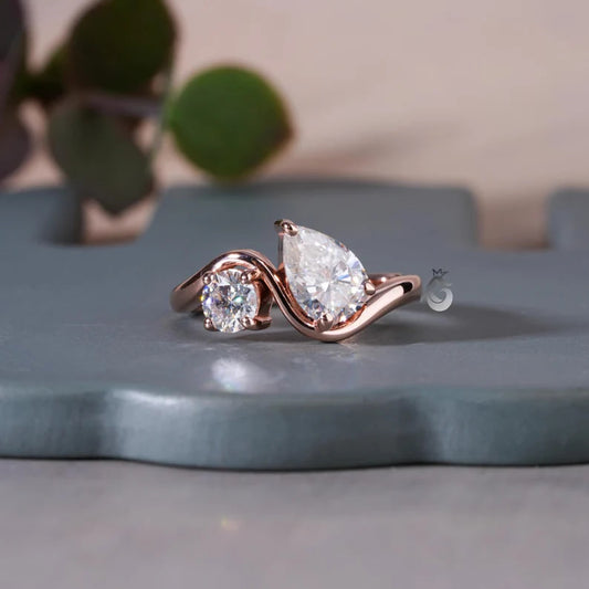 Toi Et Moi Pear & Round Moissanite Ring, 14K Rose Gold Two-Stone Band