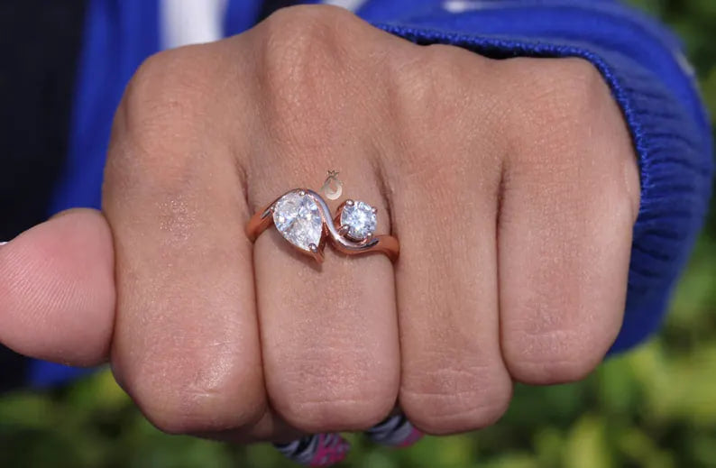 Toi Et Moi Pear & Round Moissanite Ring, 14K Rose Gold Two-Stone Band