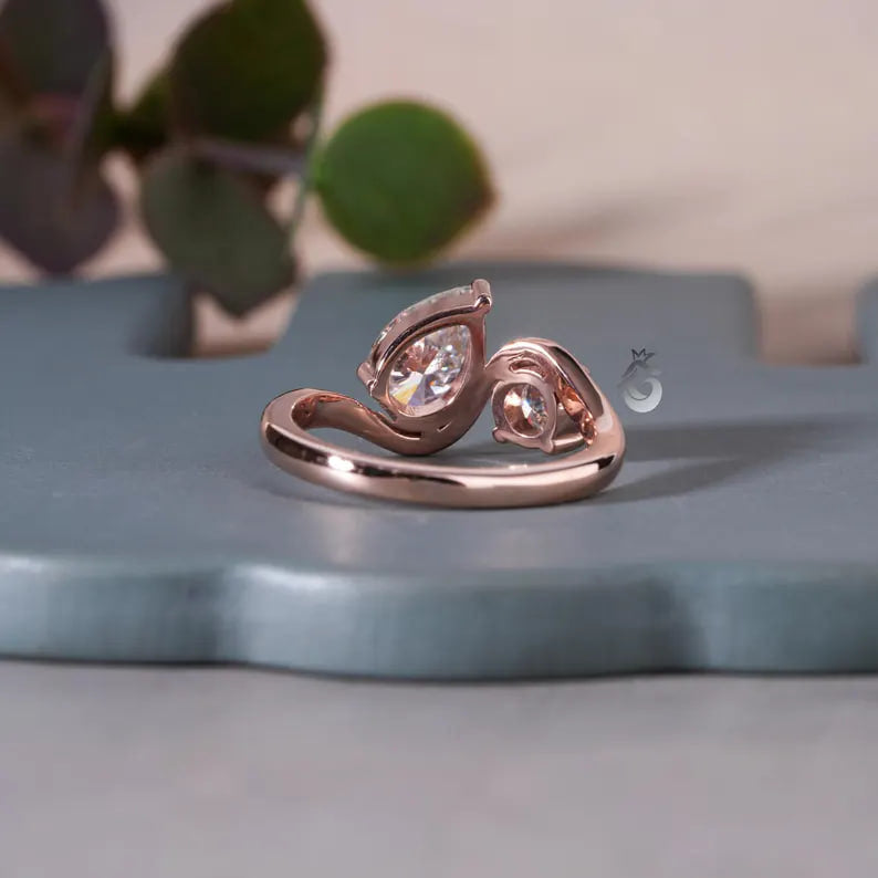 Toi Et Moi Pear & Round Moissanite Ring, 14K Rose Gold Two-Stone Band