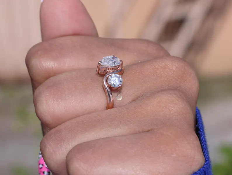 Toi Et Moi Pear & Round Moissanite Ring, 14K Rose Gold Two-Stone Band