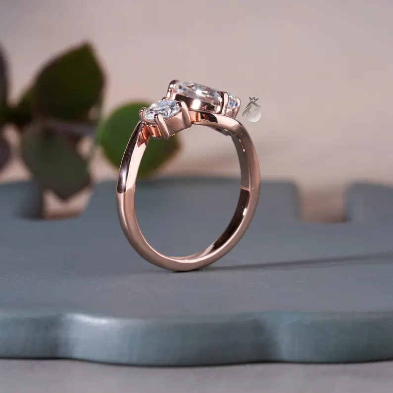 Toi Et Moi Pear & Round Moissanite Ring, 14K Rose Gold Two-Stone Band
