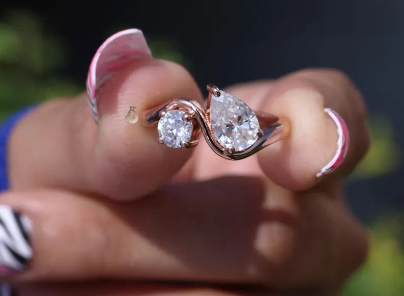 Toi Et Moi Pear & Round Moissanite Ring, 14K Rose Gold Two-Stone Band