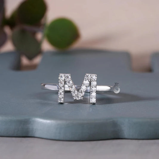 14K White Gold M Initial Moissanite Ring, Personalized Letter Ring